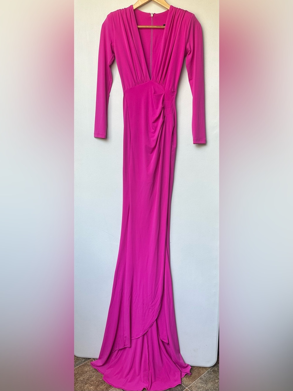 Nookie Fuchsia Plunge Long-Sleeve Maxi Gown- Padded Shoulder